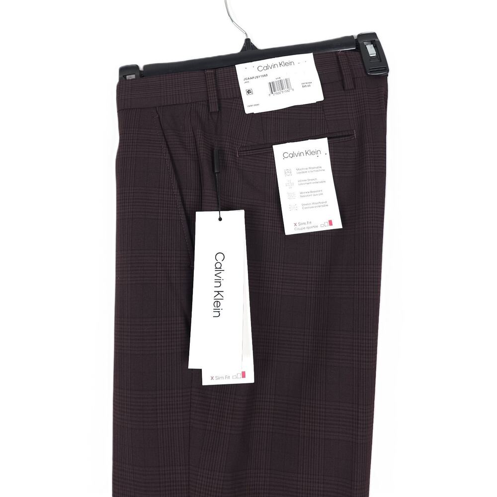 Calvin Klein Mens Slim Fit Dress Pants 34x30 Wine Red Plaid Infinite Stretch NWT